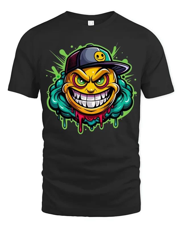 Grinning Emoji Gangster Tee,  Funny Smiley Face T-Shirt - black t-shirt on white background