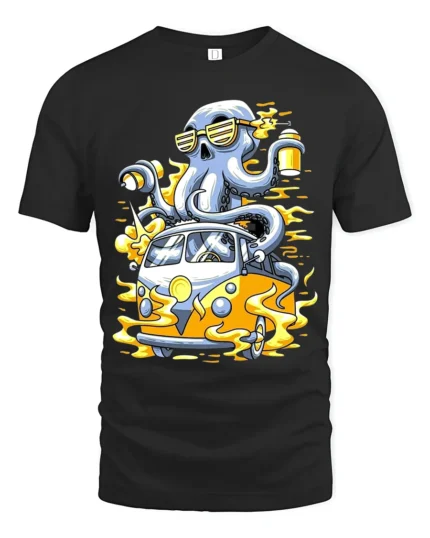Octopus Van Trip Tee, Funny Sea Creature Road Trip T-Shirt - black t-shirt on white background