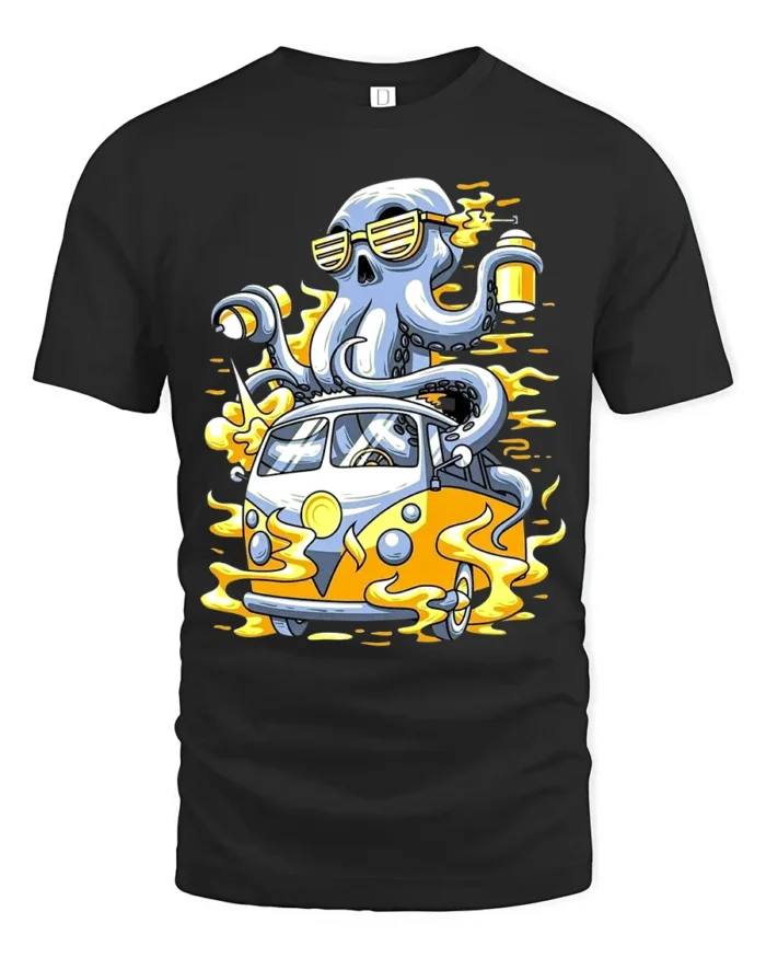 Octopus Van Trip Tee, Funny Sea Creature Road Trip T-Shirt - black t-shirt on white background
