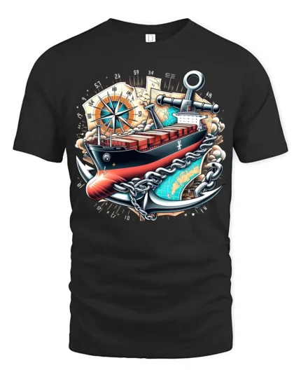 Cargo Ship Anchor Nautical Adventure Graphic T-Shirt - black t-shirt on white background