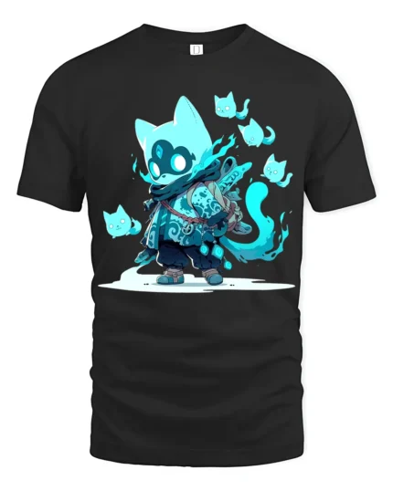 Spirit Cat Warrior Anime Style Feline Ghost T-Shirt - black t-shirt on white background