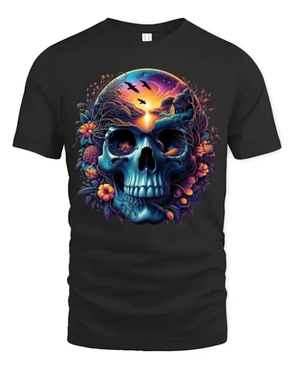 Nature Skull Sunset Peaceful Scene Inside Skull T-Shirt - black t-shirt on white background