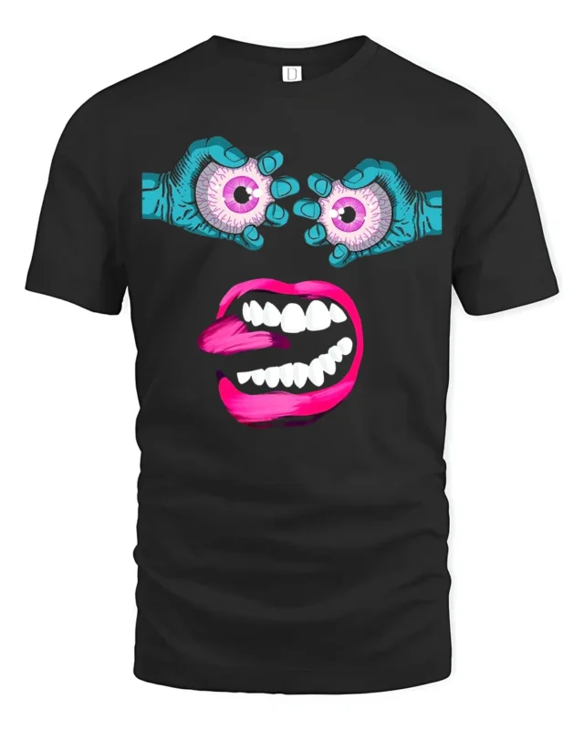 Surreal Monster Face Tee Trippy Eyeball Mouth Graphic - black t-shirt on white background