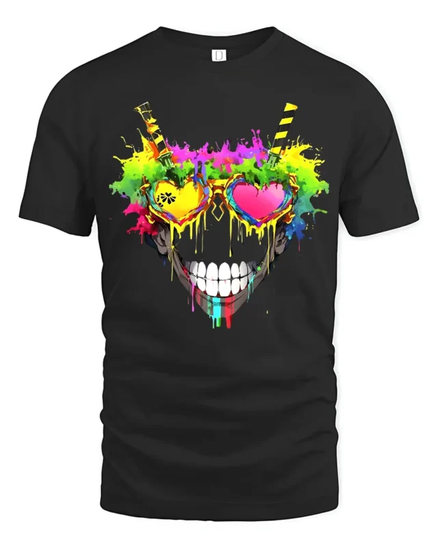 Rainbow Skull Heart Tee Vibrant Skull Sunglasses T-Shirt - black t-shirt on white background