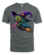 Creepy Witch Flying Halloween Spooky Graphic T-Shirt - gray t-shirt on white background