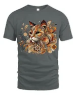 Ornate Cat Design Tee Elegant Patterned Feline T-Shirt - gray t-shirt on white background