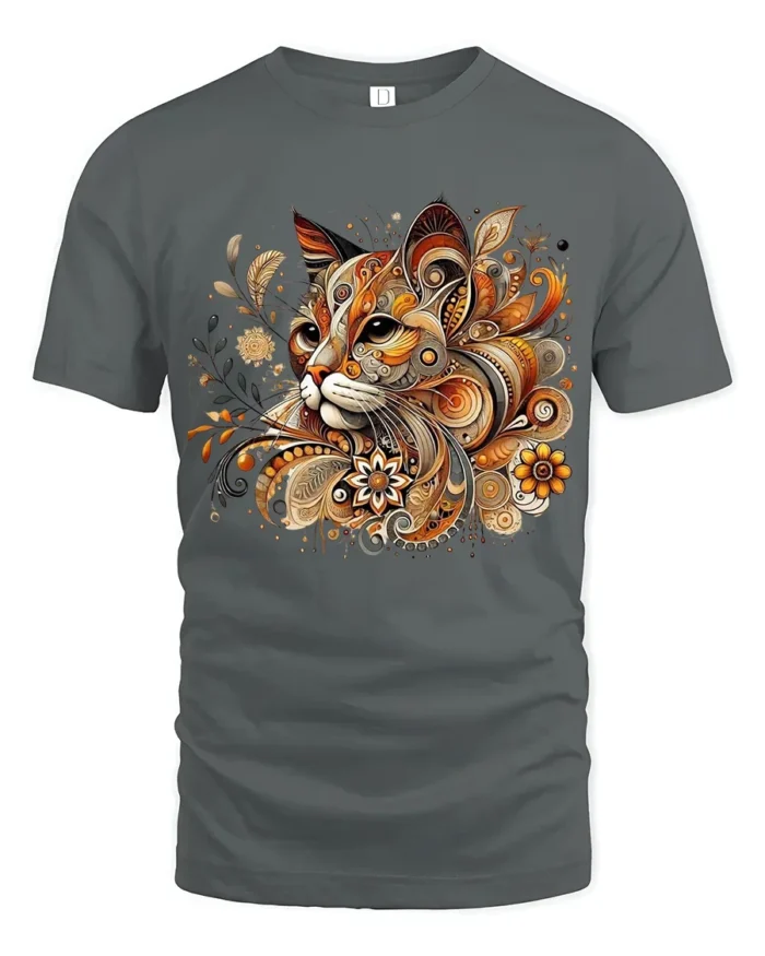 Ornate Cat Design Tee  Elegant Patterned Feline T-Shirt - gray t-shirt on white background