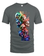Watercolor Skull Stack Tee Vibrant Skull Art Graphic T-Shirt - gray t-shirt on white background
