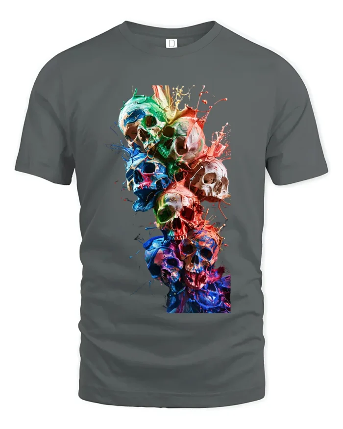 Watercolor Skull Stack Tee Vibrant Skull Art Graphic T-Shirt - gray t-shirt on white background