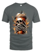 Skull Coffee Break Tee, Funny Skeleton Drink Graphic T-Shirt - gray t-shirt on white background