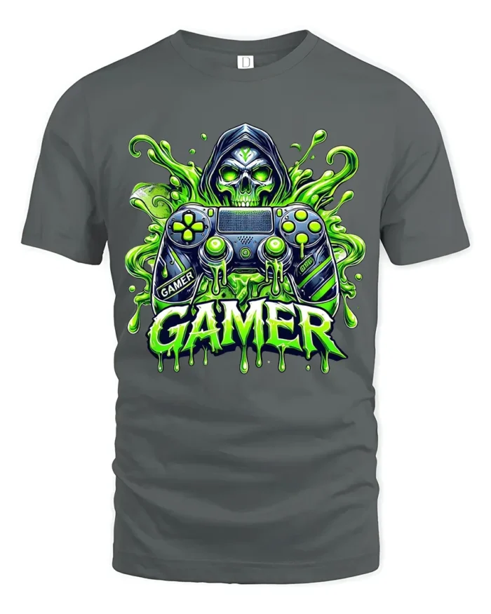 Gamer Skull Controller Tee, Funny Video Game T-Shirt - gray t-shirt on white background