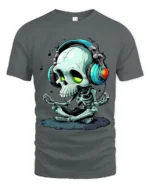 Meditate and Vibrate Tee, Relaxed Skull Music T-Shirt - gray t-shirt on white background