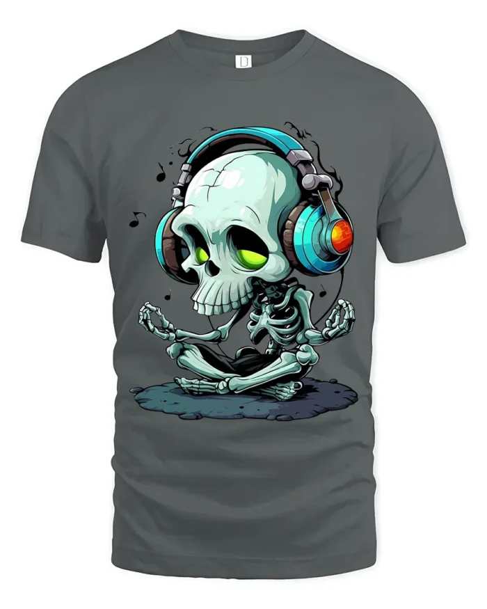 Meditate and Vibrate Tee,  Relaxed Skull Music T-Shirt - gray t-shirt on white background