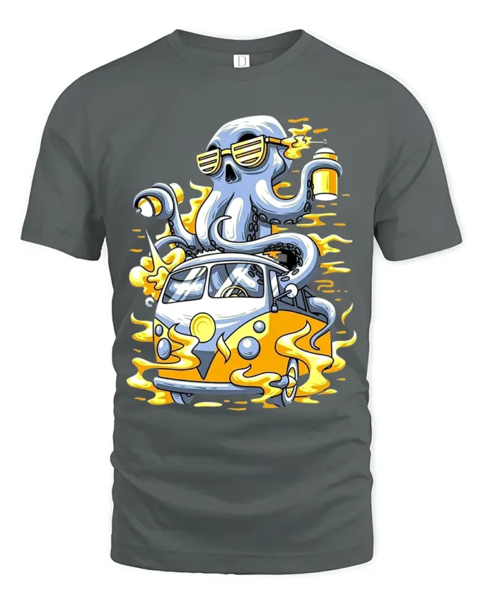 Octopus Van Trip Tee, Funny Sea Creature Road Trip T-Shirt - gray t-shirt on white background