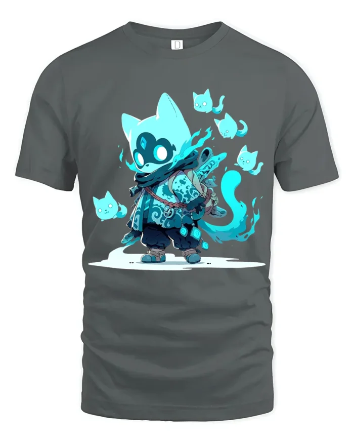 Spirit Cat Warrior Anime Style Feline Ghost T-Shirt - gray t-shirt on white background