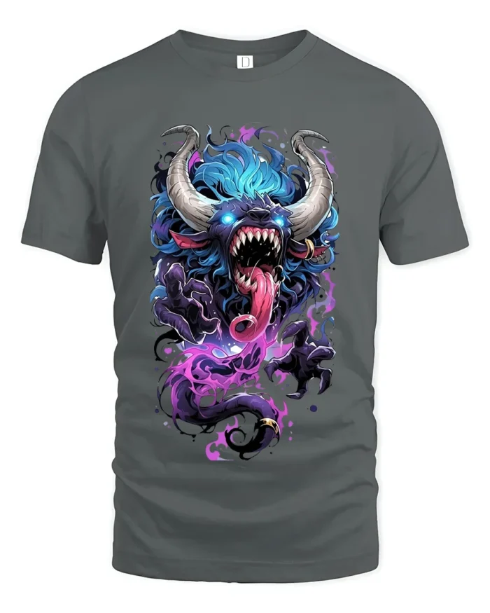 Demon Monster Graphic Scary Horned Beast T-Shirt - gray t-shirt on white background