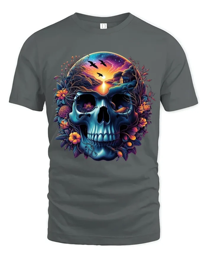 Nature Skull Sunset Peaceful Scene Inside Skull T-Shirt - gray t-shirt on white background