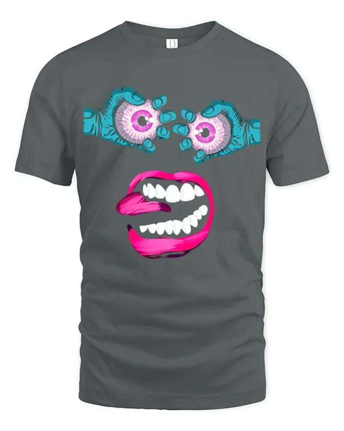 Surreal Monster Face Tee Trippy Eyeball Mouth Graphic - gray t-shirt on white background