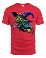 Creepy Witch Flying Halloween Spooky Graphic T-Shirt - red t-shirt on white background
