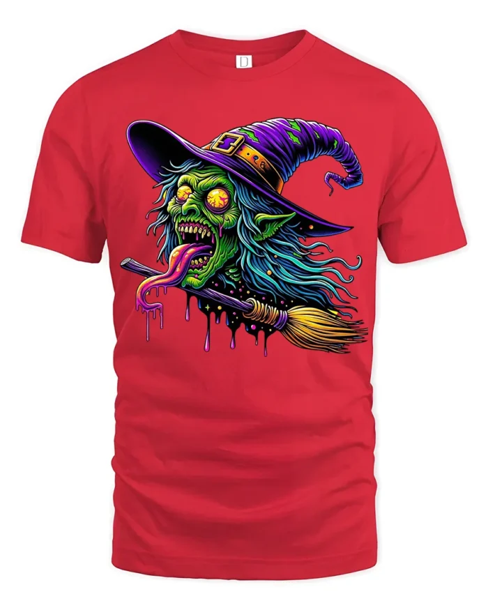 Creepy Witch Flying Halloween Spooky Graphic T-Shirt - red t-shirt on white background