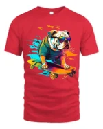 Rad Bulldog Skater T-Shirt Trendy Dog on Skateboard Tee - red t-shirt on white background