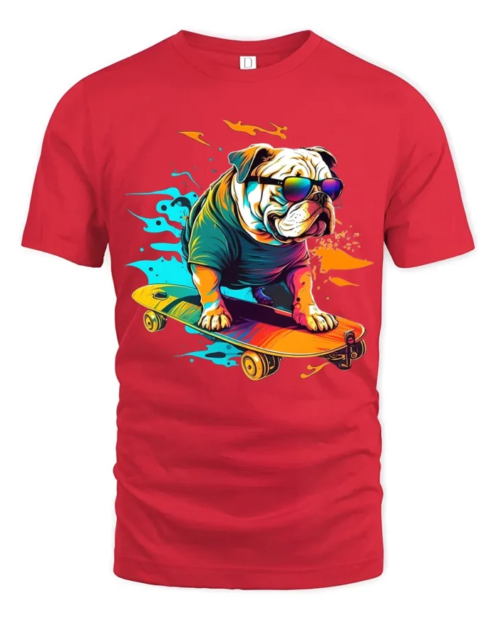 Rad Bulldog Skater T-Shirt Trendy Dog on Skateboard Tee - red t-shirt on white background