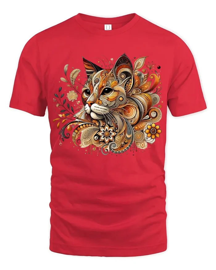 Ornate Cat Design Tee  Elegant Patterned Feline T-Shirt - red t-shirt on white background