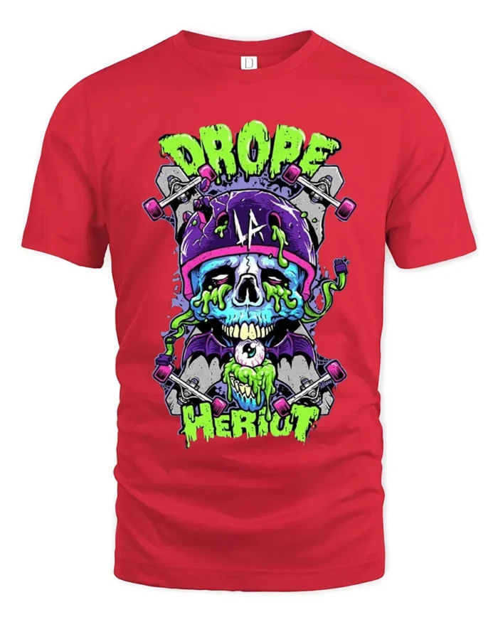 Drope Heriot Skate Tee Cool Skull Skateboard T-Shirt - red t-shirt on white background