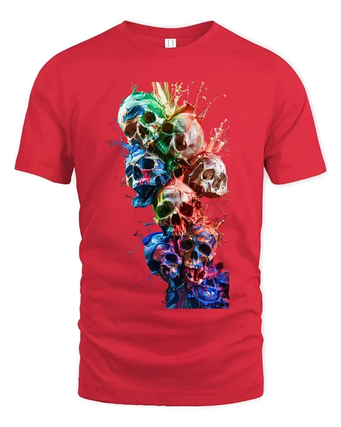 Watercolor Skull Stack Tee Vibrant Skull Art Graphic T-Shirt - red t-shirt on white background