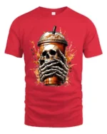 Skull Coffee Break Tee, Funny Skeleton Drink Graphic T-Shirt - red t-shirt on white background