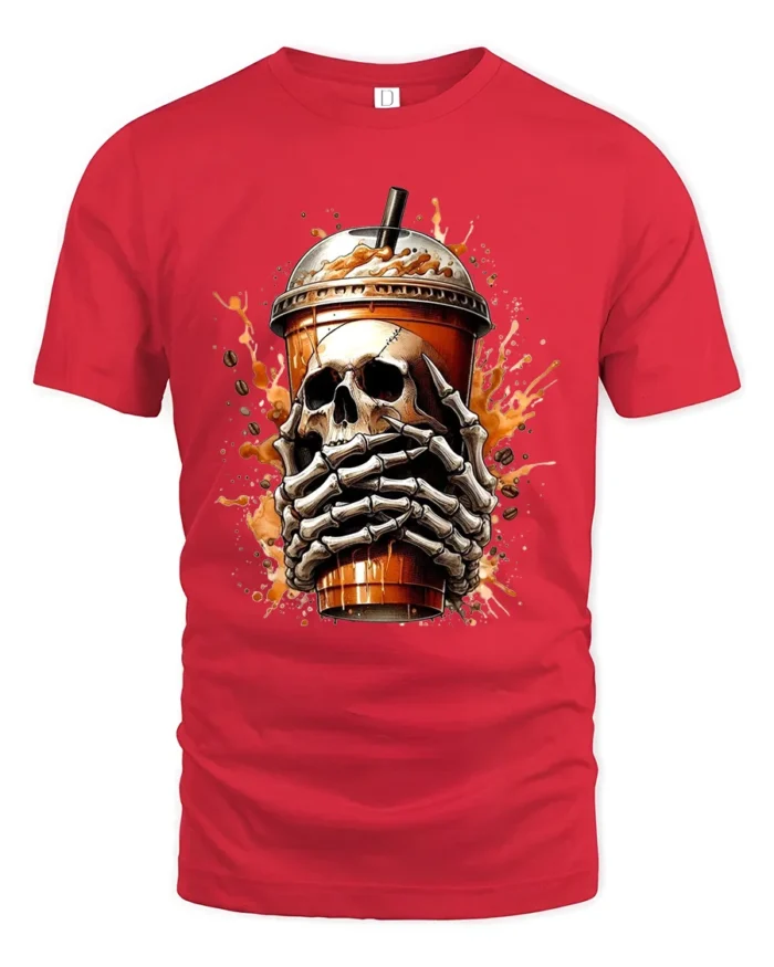 Skull Coffee Break Tee,  Funny Skeleton Drink Graphic T-Shirt - red t-shirt on white background