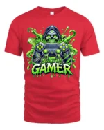 Gamer Skull Controller Tee, Funny Video Game T-Shirt - red t-shirt on white background