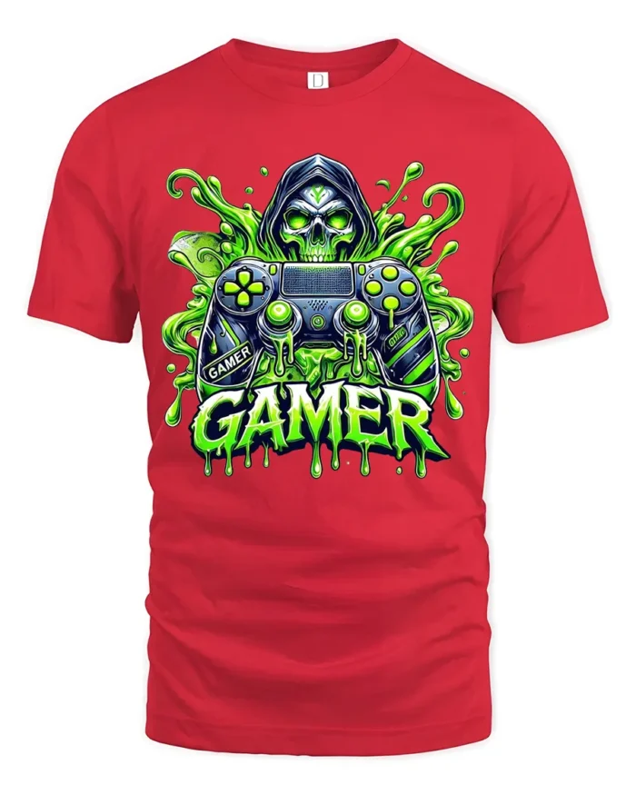 Gamer Skull Controller Tee, Funny Video Game T-Shirt - red t-shirt on white background