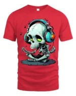 Meditate and Vibrate Tee, Relaxed Skull Music T-Shirt - red t-shirt on white background