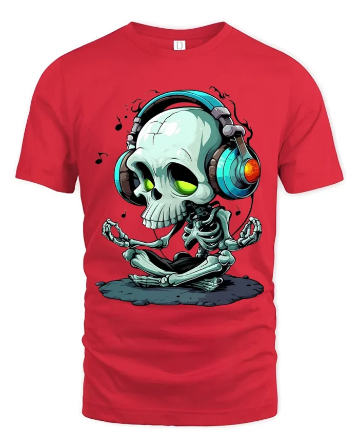 Meditate and Vibrate Tee,  Relaxed Skull Music T-Shirt - red t-shirt on white background