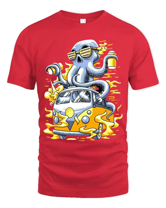 Octopus Van Trip Tee, Funny Sea Creature Road Trip T-Shirt - red t-shirt on white background