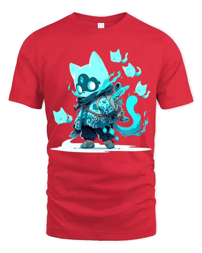 Spirit Cat Warrior Anime Style Feline Ghost T-Shirt - red t-shirt on white background