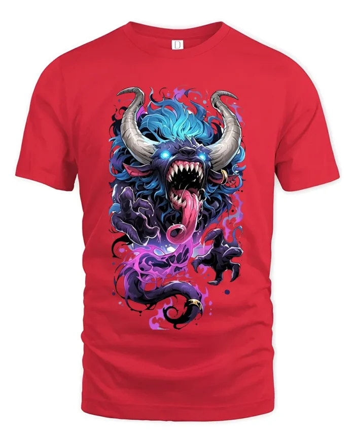 Demon Monster Graphic Scary Horned Beast T-Shirt - red t-shirt on white background