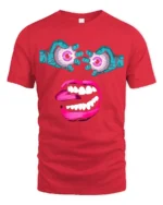 Surreal Monster Face Tee Trippy Eyeball Mouth Graphic - red t-shirt on white background