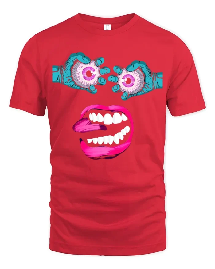 Surreal Monster Face Tee Trippy Eyeball Mouth Graphic - red t-shirt on white background