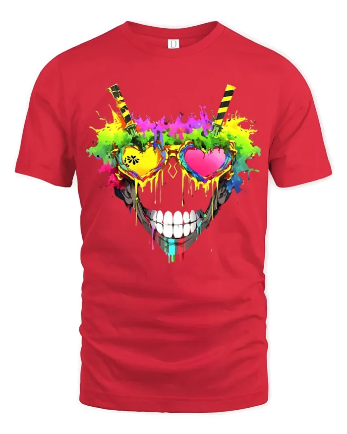 Rainbow Skull Heart Tee Vibrant Skull Sunglasses T-Shirt - red t-shirt on white background