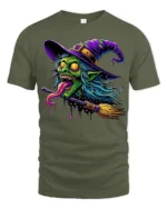 Creepy Witch Flying Halloween Spooky Graphic T-Shirt - military green t-shirt on white background