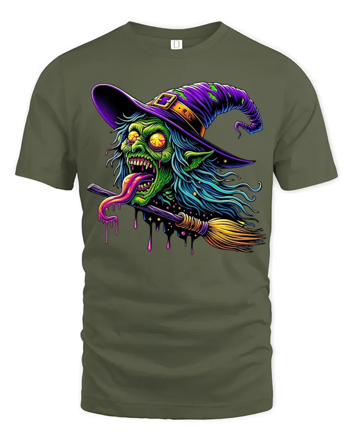 Creepy Witch Flying Halloween Spooky Graphic T-Shirt - military green t-shirt on white background