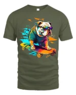 Rad Bulldog Skater T-Shirt Trendy Dog on Skateboard Tee - military green t-shirt on white background