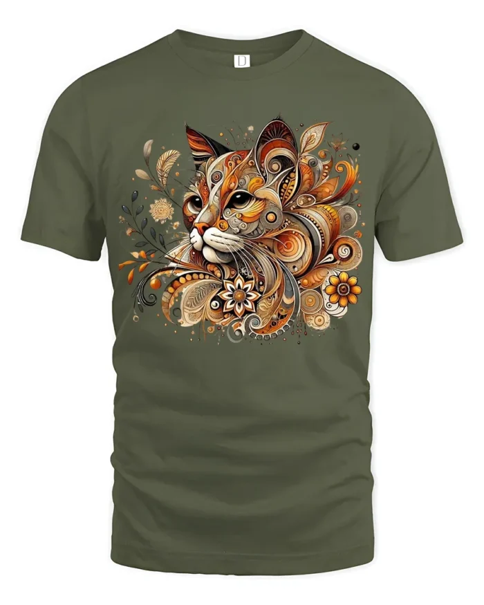 Ornate Cat Design Tee  Elegant Patterned Feline T-Shirt - military green t-shirt on white background