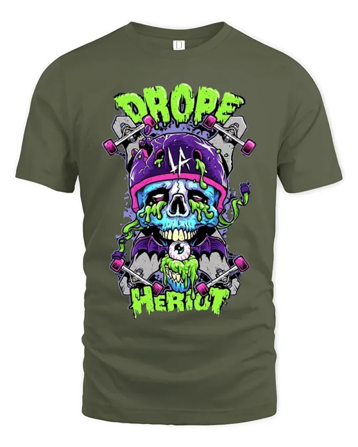 Drope Heriot Skate Tee Cool Skull Skateboard T-Shirt - military green t-shirt on white background