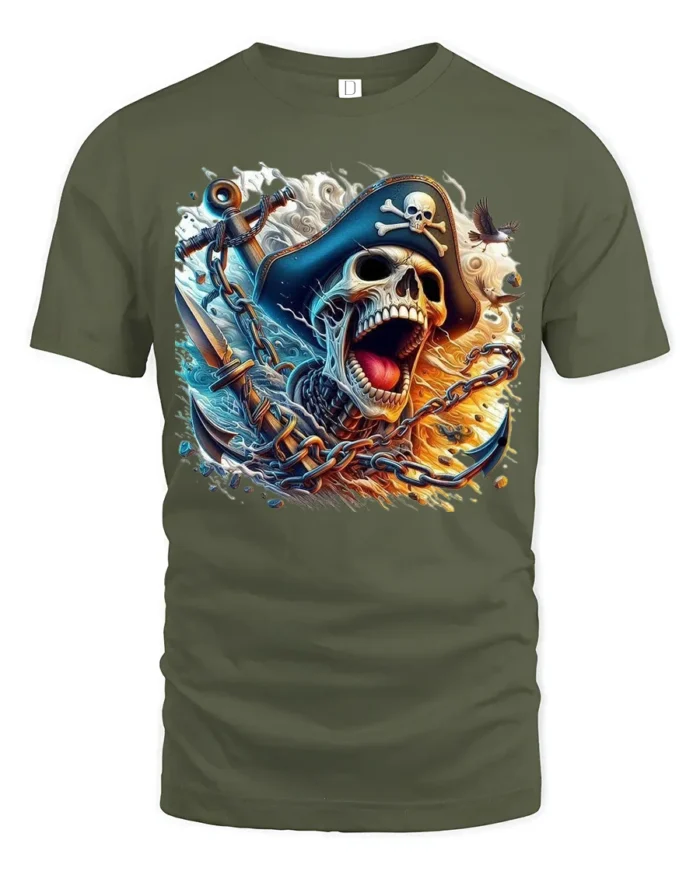 Ocean Pirate Bones Tee Skull and Anchor Graphic Tee - military green t-shirt on white background