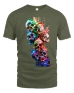 Watercolor Skull Stack Tee Vibrant Skull Art Graphic T-Shirt - military green t-shirt on white background