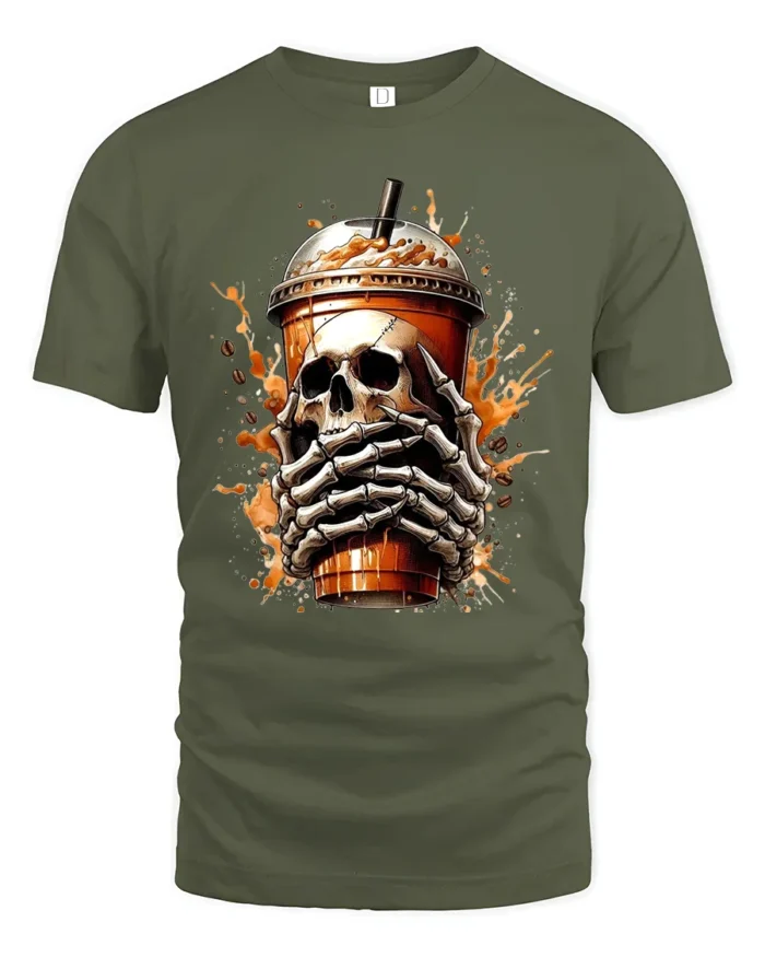 Skull Coffee Break Tee,  Funny Skeleton Drink Graphic T-Shirt - military green t-shirt on white background