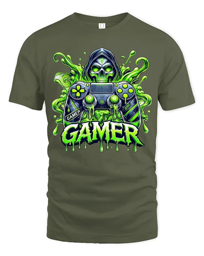 Gamer Skull Controller Tee, Funny Video Game T-Shirt - military green t-shirt on white background